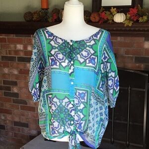 Green and blue tie front blouse